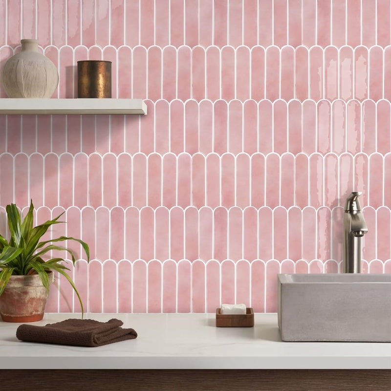 Commomy Thicker Pink Peel and Stick Tile Backsplash - 10 pcs of 12" x 12" - 3D Adhesive Peel and Stick Backsplash for Kitchen, Bathroom, Removable, Waterproof, Vinyl Wall Tile - Image 2